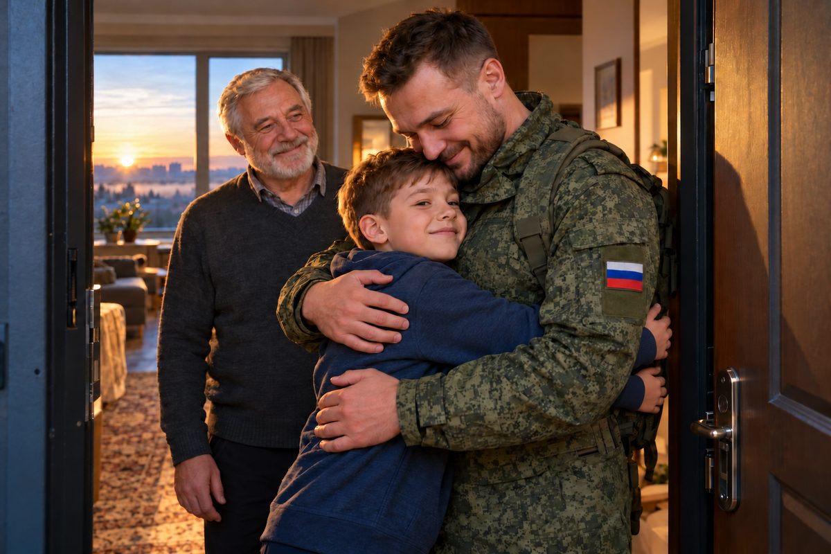 Боец обнимает сына на пороге дома, рядом улыбается отец