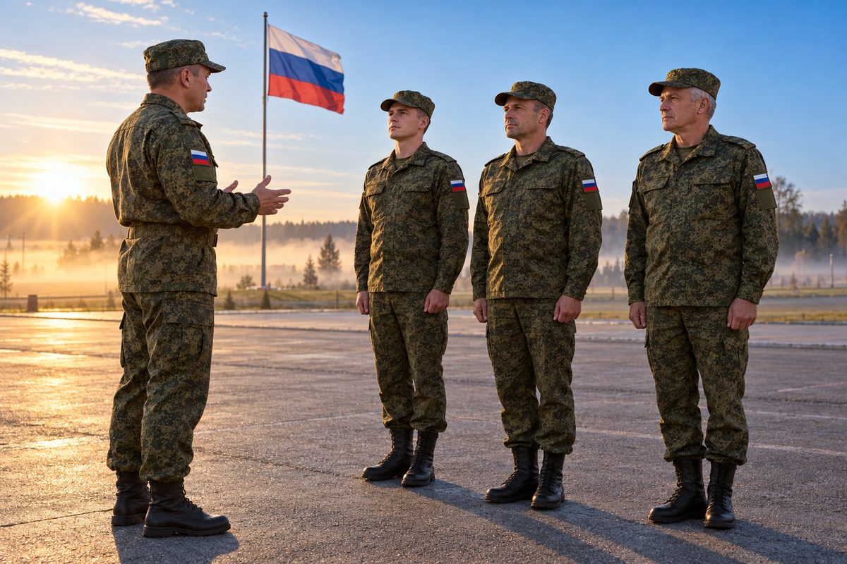 Кандидаты разного возраста в форме слушают инструктора на плацу