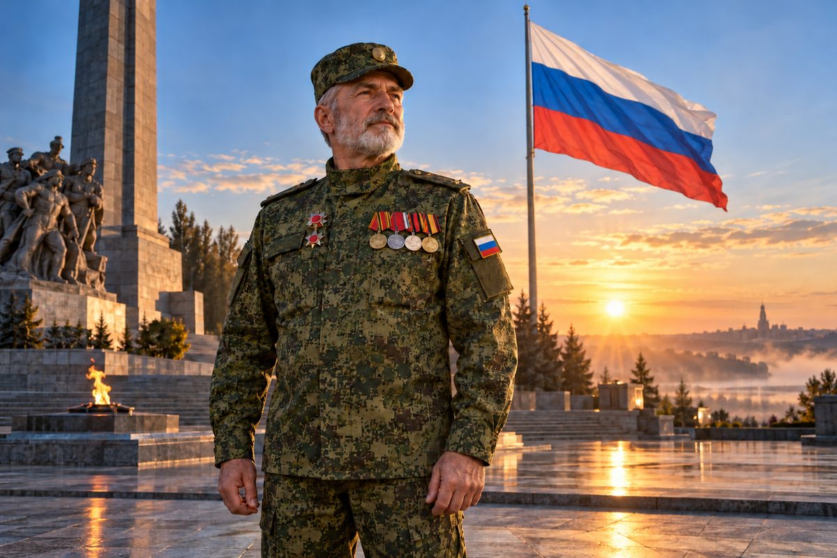 Ветеран с наградами у мемориала под флагом России